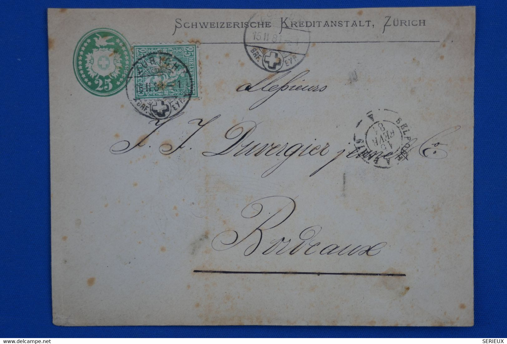 U2 SUISSE BELLE LETTRE RARE 1881 ZURICH POUR BORDEAUX PAR BELFORT ET PARIS FRANCE+T.P  PERFORéS AFFRANCH. INTERESSANT - Gezähnt (perforiert)