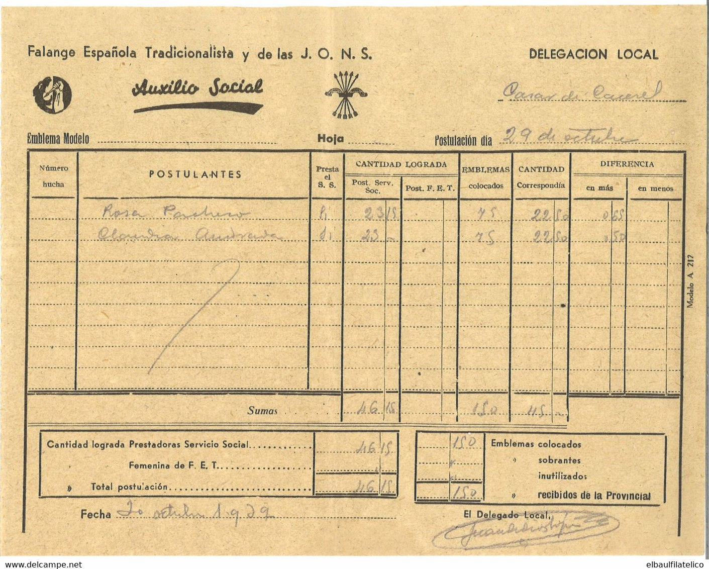 Recibo Emblemas De Auxilio Social Colocados En Casar De Cáceres Año 1939 - Spain