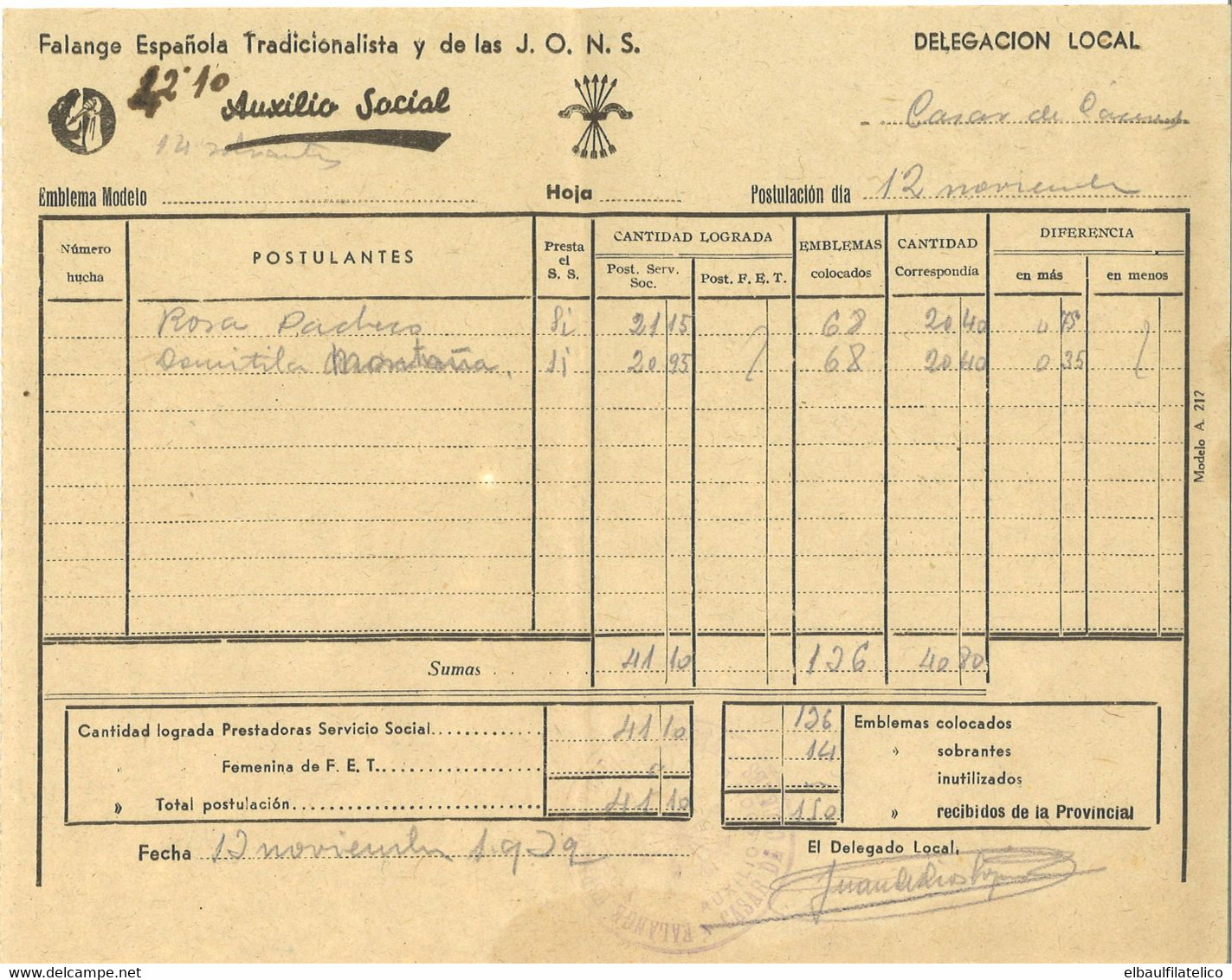 Recibo Emblemas De Auxilio Social Colocados En Casar De Cáceres Año 1939 - Spain