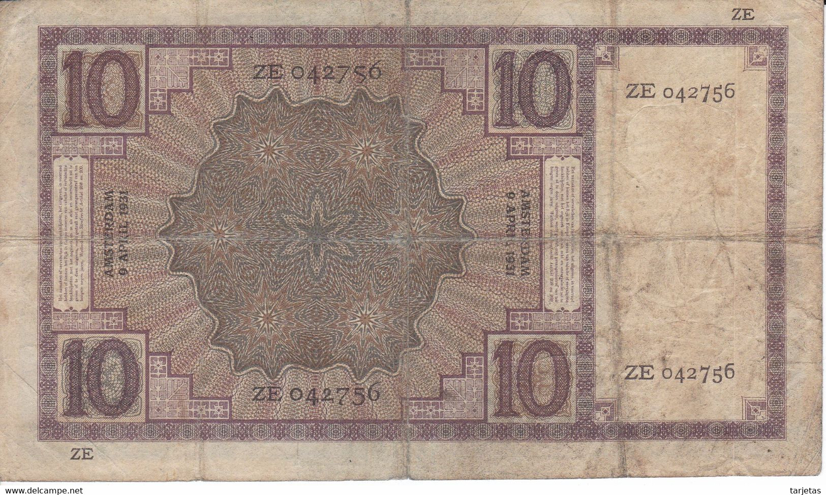 BILLETE DE HOLANDA DE 10 GULDEN DEL 9 DE APRIL 1931  (BANKNOTE)  MUY RARO - 10 Gulden