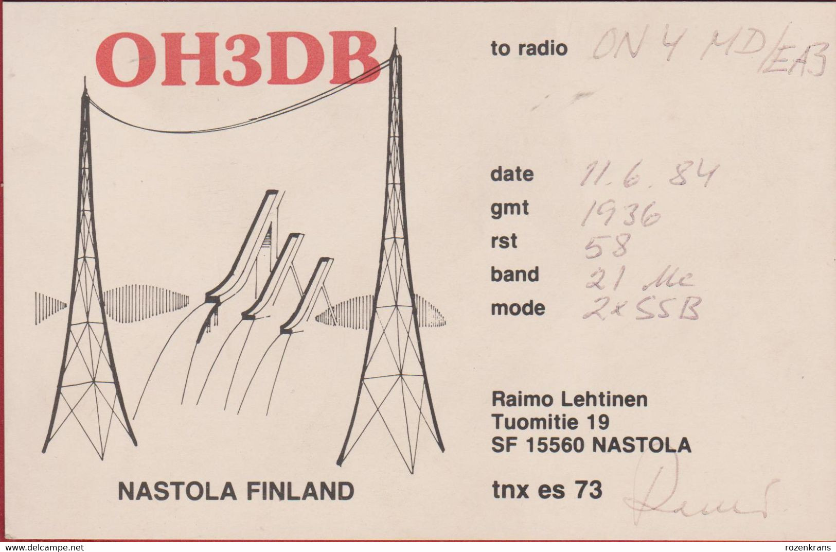 QSL Card Amateur Radio Funkkarte 1984 Nastola Finland Raimo Lehtinen OH3DB - Amateurfunk