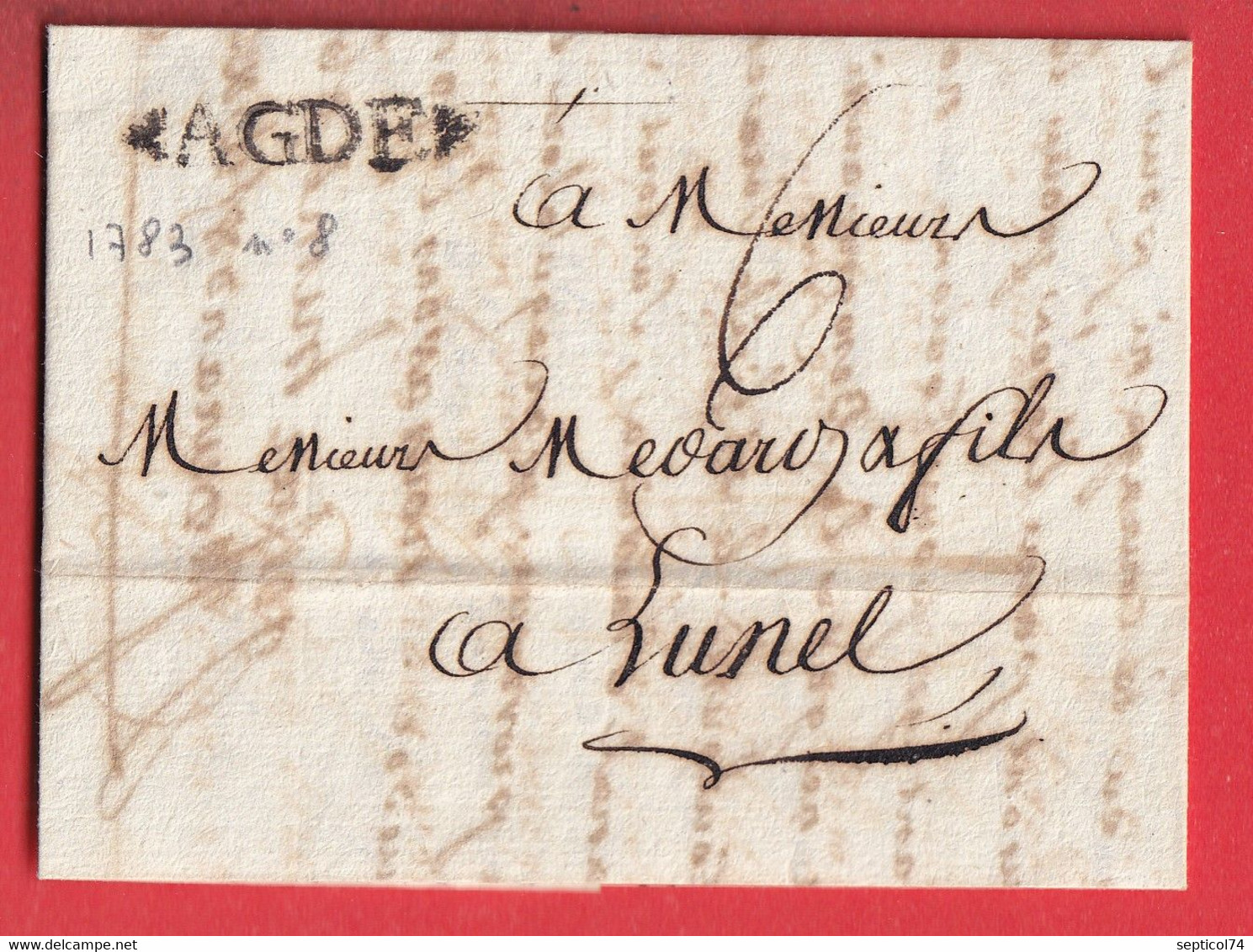 MARQUE AGDE HERAULT LN°8 1783 POUR LUNEL INDICE 9 - 1701-1800: Precursors XVIII