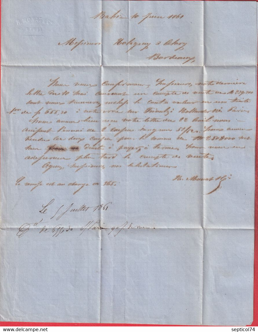 LETTRE DE BAHIA BRESIL 1861 VOIE ANGLAISE TAXE ANGLAISE POUR BORDEAUX BRASIL - Préphilatélie