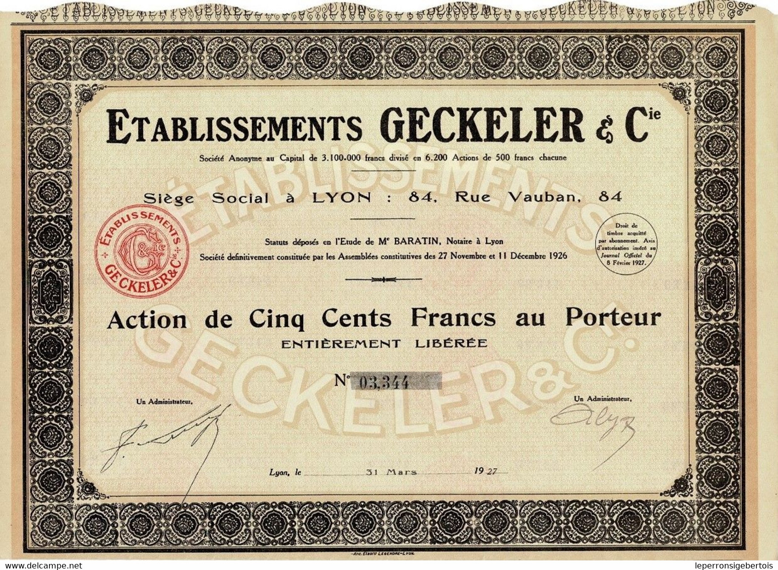 Titre Ancien - Etablissements Geckeler & Cie - Société Anonyme - Titre De 1927 - - Textiel