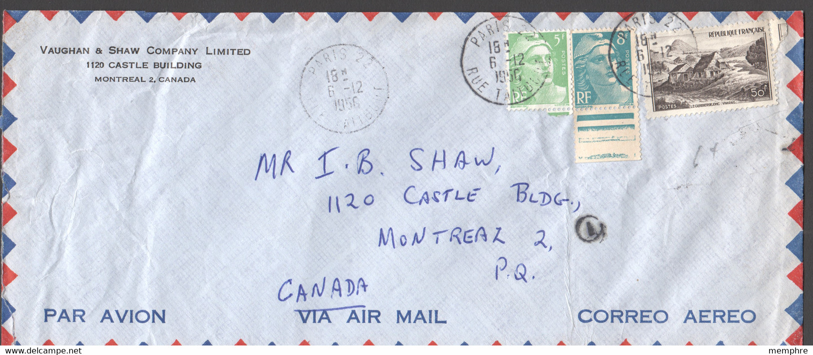1956  Lettre Avion Pour Le Canada  Yv 809, 810 Et 843 - Postal Rates