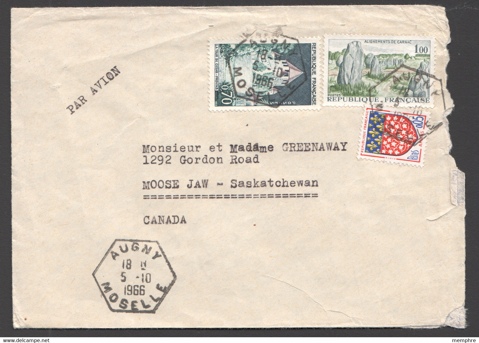 1966  Lettre Avion Pour Le Canada Tarif Frontalier 1,75fr  Oblit. Hexaonale Augny Yv 1440, 1392A, 1352 - Postal Rates