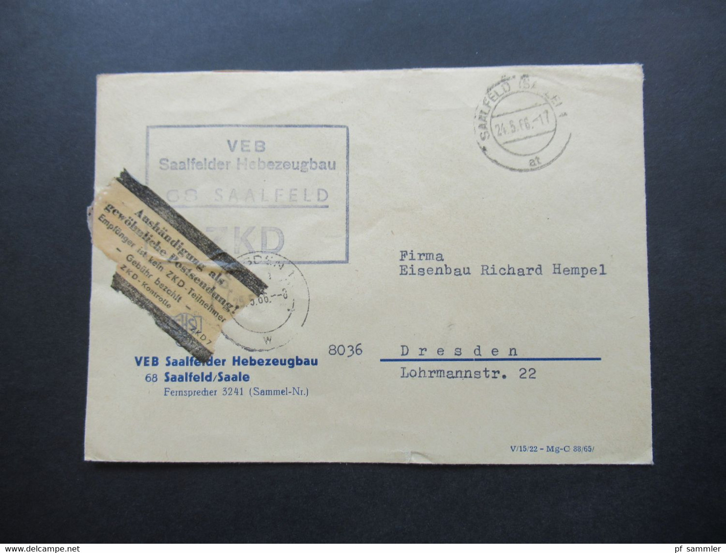 DDR 1966 Dienst Zettel Aushändigung Als Gewöhnliche Postsendung ZKD VEB Saalfelder Hebezeugbau - Andere & Zonder Classificatie