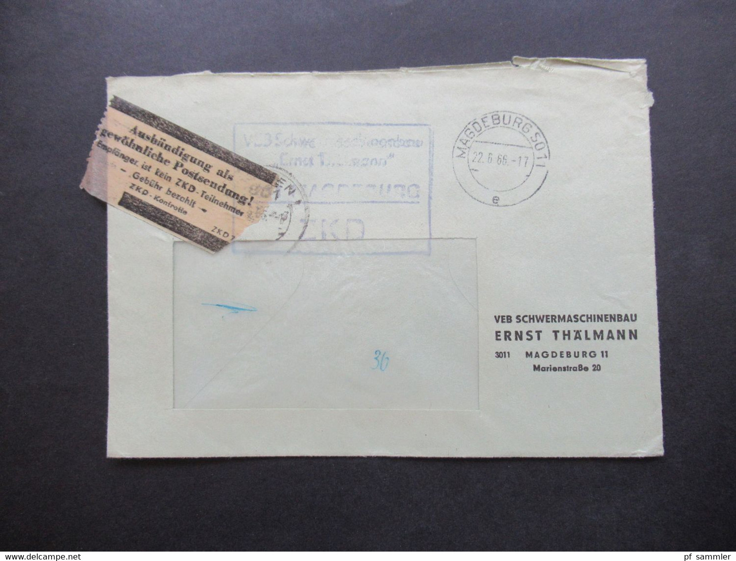 DDR 1966 Dienst Zettel Aushändigung Als Gewöhnliche Postsendung ZKD VEB Schwermaschinenbau Ernst Thälmann Magdeburg - Other & Unclassified