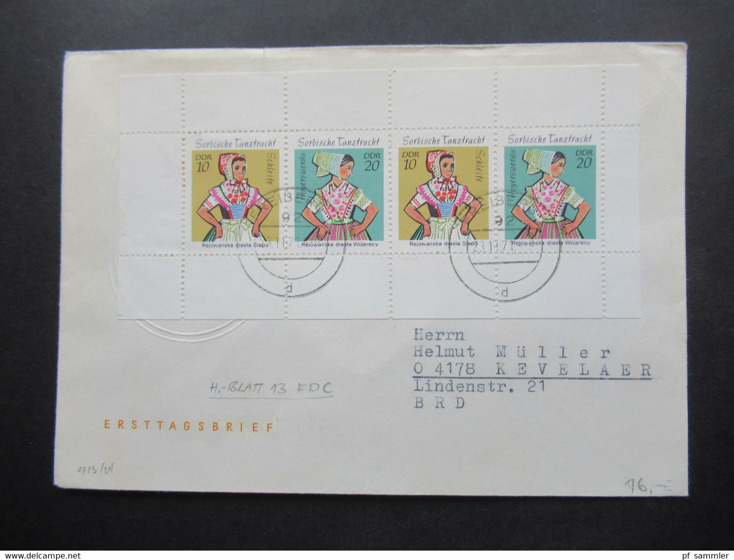 DDR 23.11.1971 Trachten H-Blatt 13 I A FDC Mit Tagesstempel Freiberg Nach Kevelaer Gesendet - Lettres & Documents