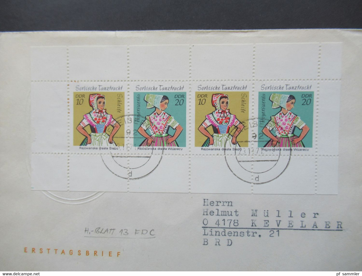 DDR 23.11.1971 Trachten H-Blatt 13 I A FDC Mit Tagesstempel Freiberg Nach Kevelaer Gesendet - Storia Postale