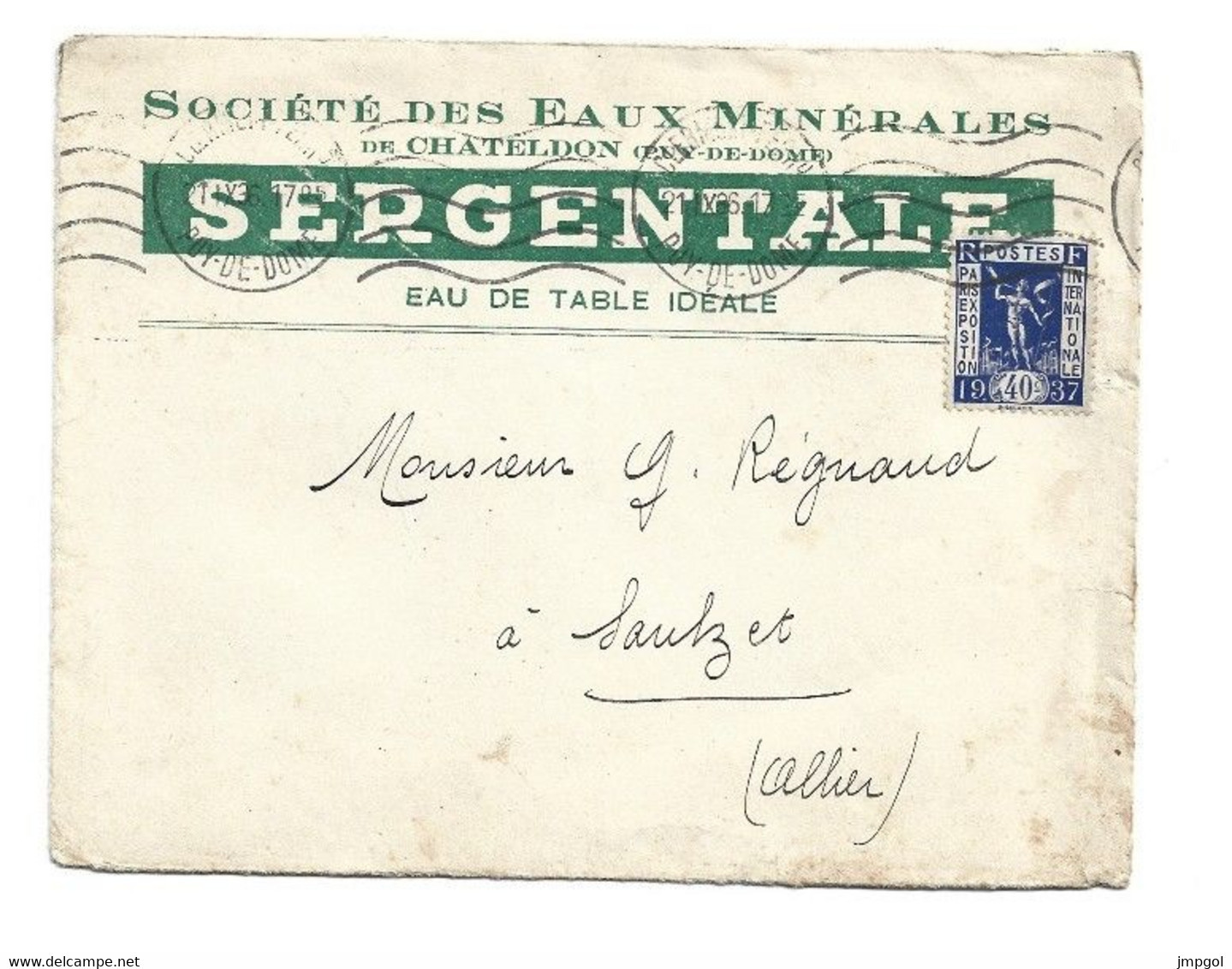 Enveloppe Société Des Eaux Minérales De Chateldon (Puy De Dôme) SERGENTALE Eau De Table 1936 - 1800 – 1899