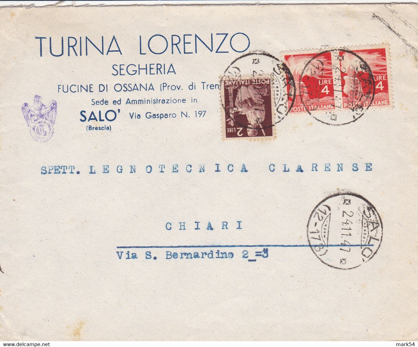 Salò (Brescia) Frazionario 12-178 Del 1947 Spendido - 1946-60: Marcofilie