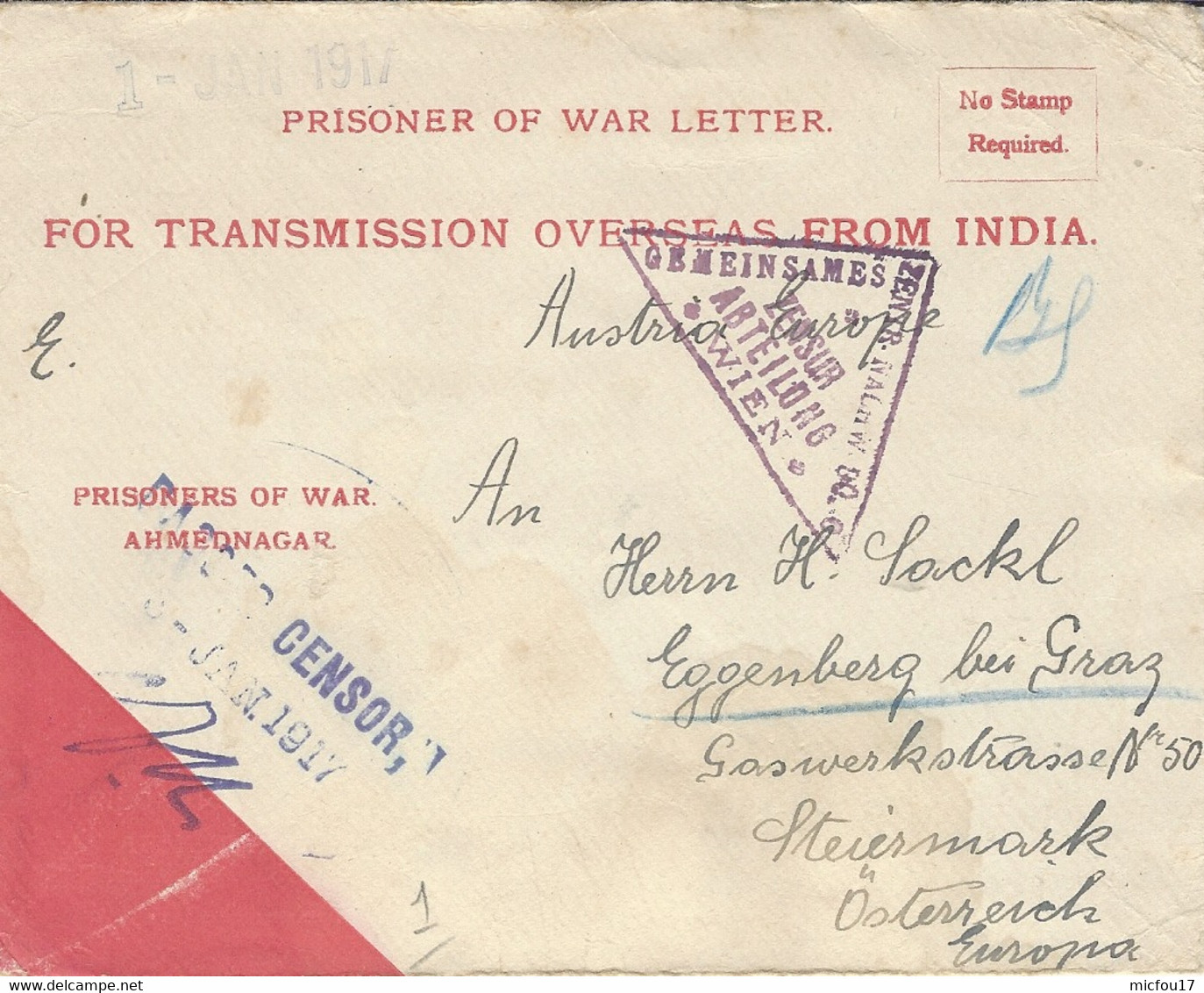 1917- Cover From INDIA  ( Austrian W P ) To Stiermark ( Austria ) - Franchise Militaire