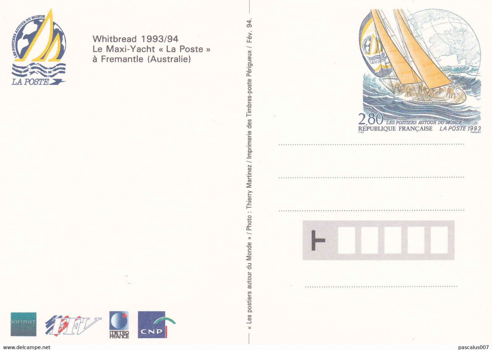 B01-373 2 Cartes Maximum France 1993 Entiers Postaux Maxi Yacht La Poste Whitbread 1993 1994 Fremantie Australie - Verzamelingen En Reeksen: PAP