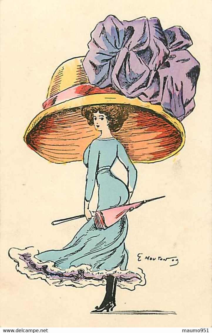 CPA Aquarellée Femme Lady Women Glamour Mode Chapeau Immense Hat Illustrateur G. MOUTON (2 Scans) - Sonstige & Ohne Zuordnung
