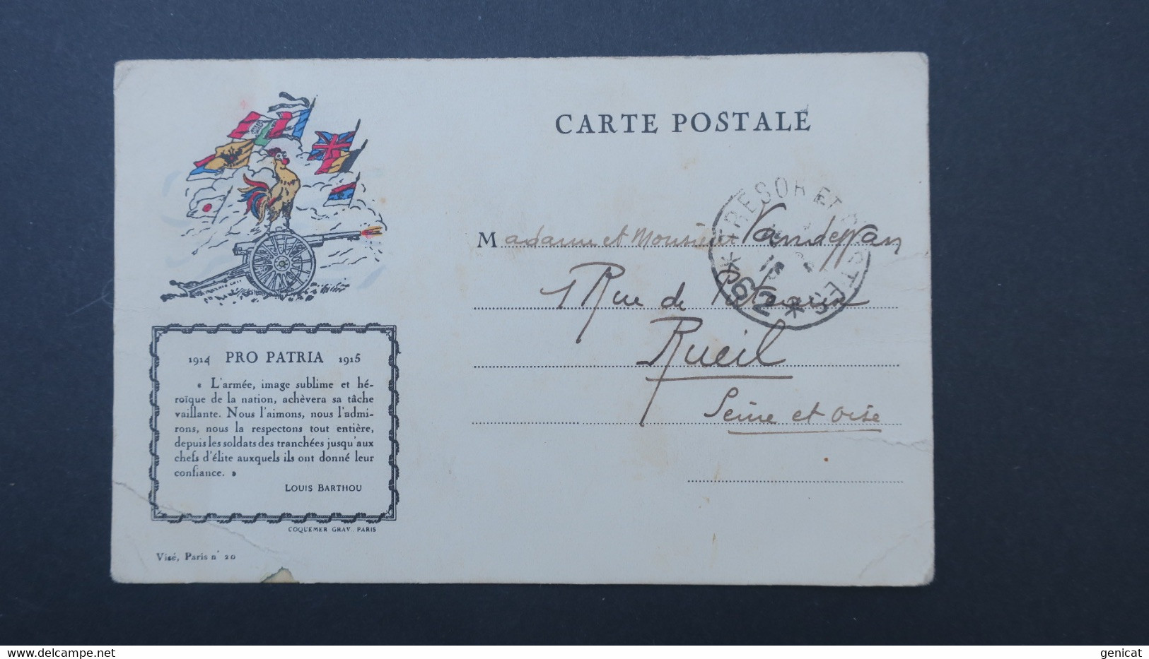 Carte Franchise Militaire 1916 Illustration Coq Drapeaux Canon Pour Rueil - Storia Postale