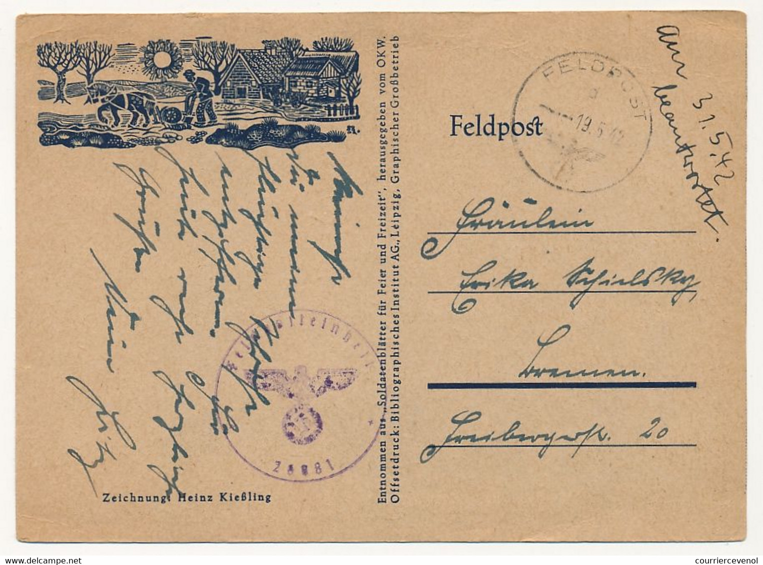 ALLEMAGNE - Carte De Franchise Militaire FELDPOST Illustrée - Ayant Voyagé, 1942 - Briefe U. Dokumente