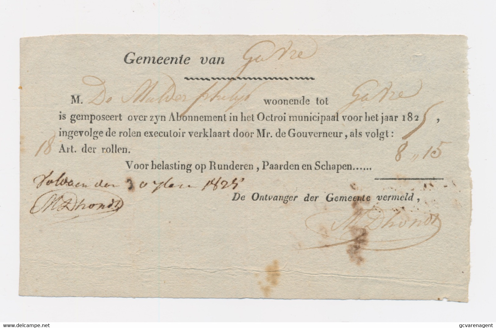 GAVRE GAVERE  BETALING  ABONEMENT IN HET OCTROOI 1824 - Gavere