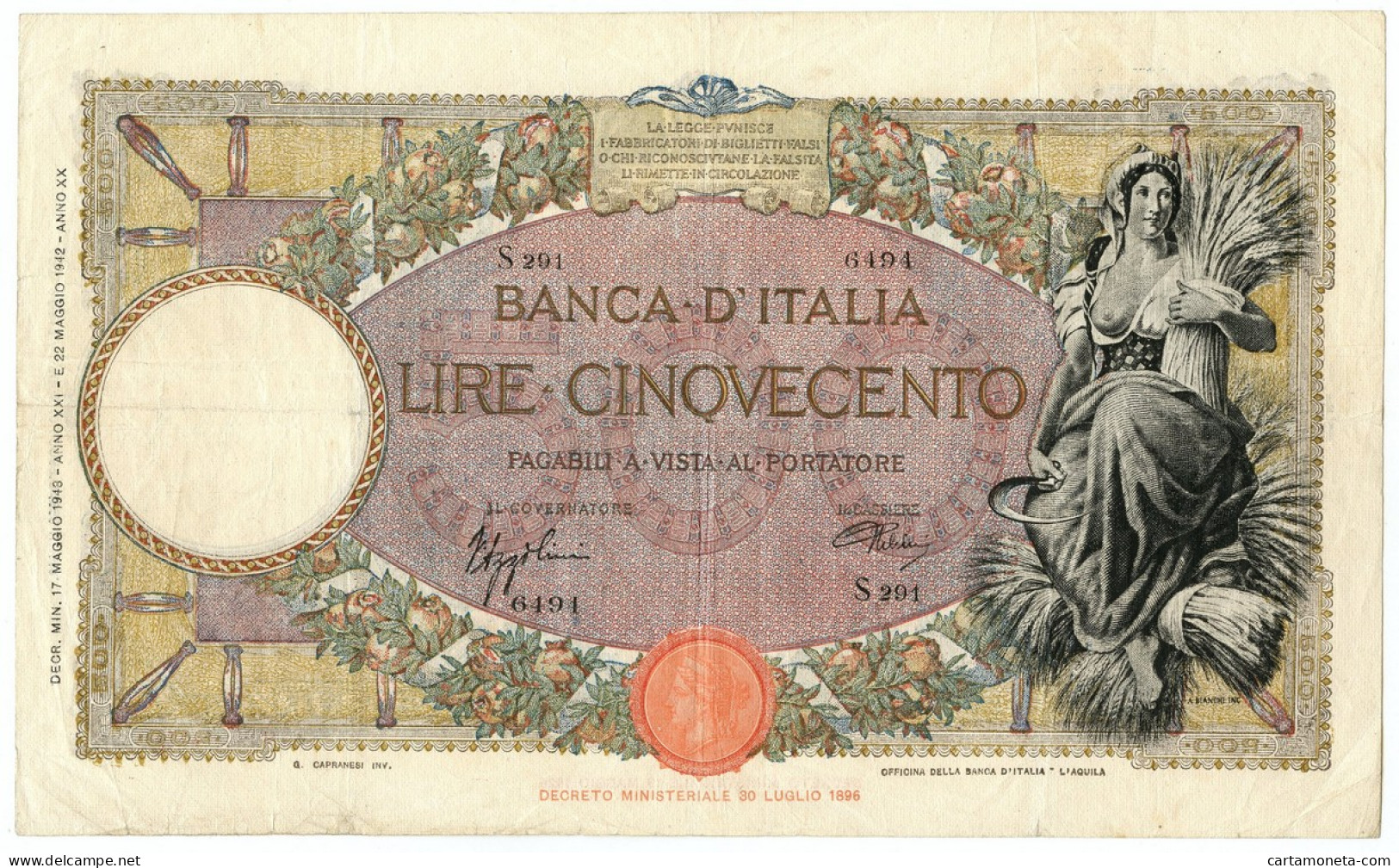 500 LIRE CAPRANESI MIETITRICE TESTINA FASCIO L'AQUILA 17/05/1943 BB/BB+ - Regno D'Italia – Other