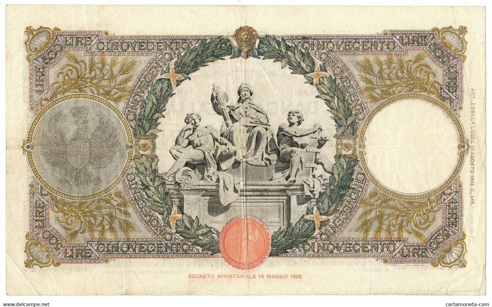 500 LIRE CAPRANESI MIETITRICE TESTINA FASCIO L'AQUILA 17/05/1943 BB/BB+ - Regno D'Italia – Other