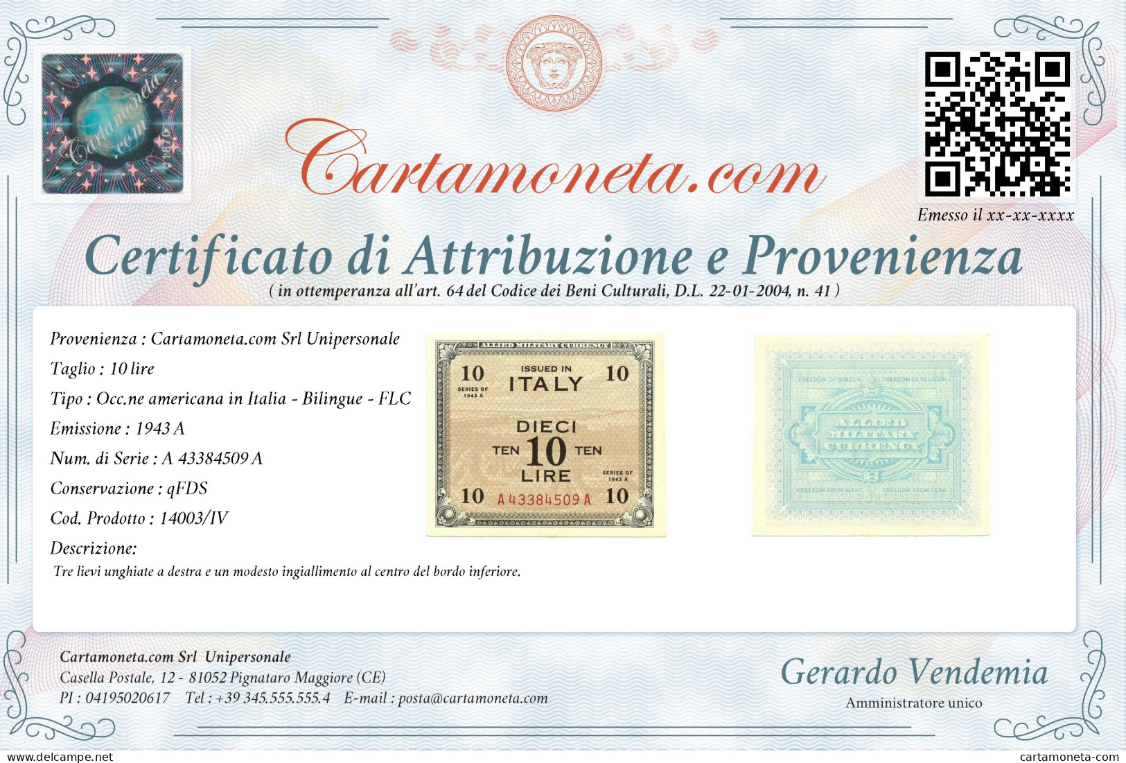 10 LIRE OCCUPAZIONE AMERICANA IN ITALIA BILINGUE FLC A-A 1943 A QFDS - 2. WK - Alliierte Besatzung