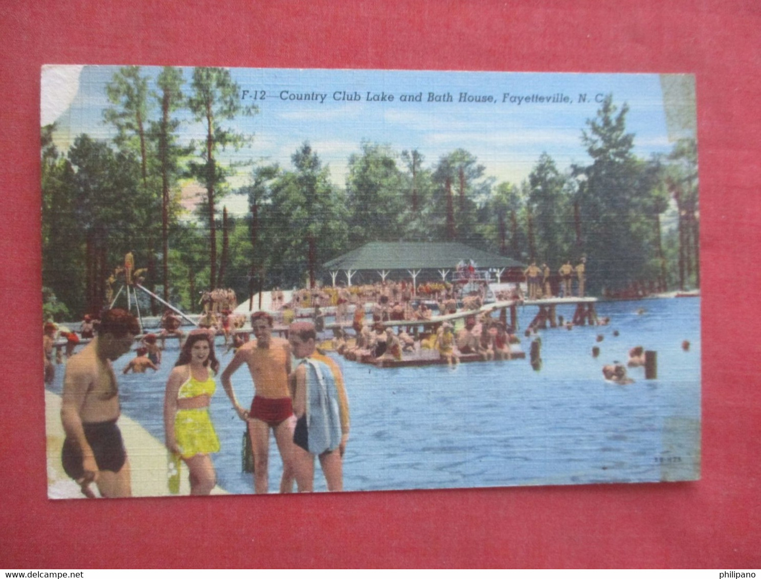 Country Club Lake & Bath House  Paper Peel Top Left Corner    North Carolina > Fayetteville    Ref  4951 - Fayetteville