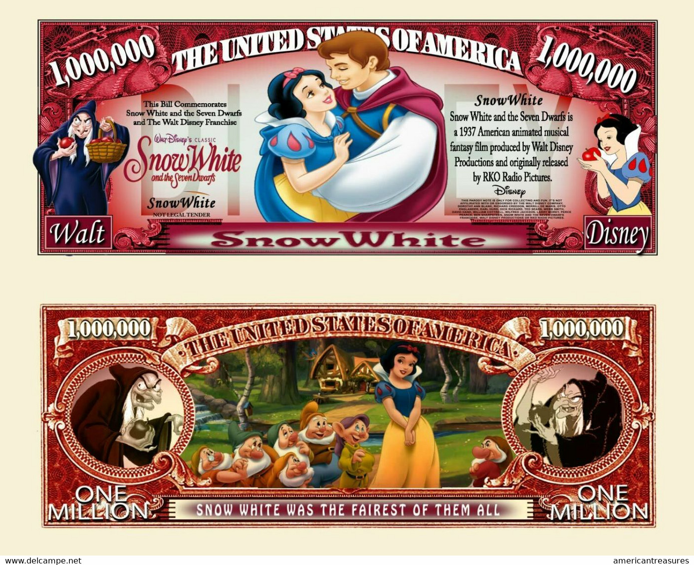 USA 1 Million Dollar Novelty Banknote 'Snow White' (Disney) - NEW - UNC & CRISP - Other - America