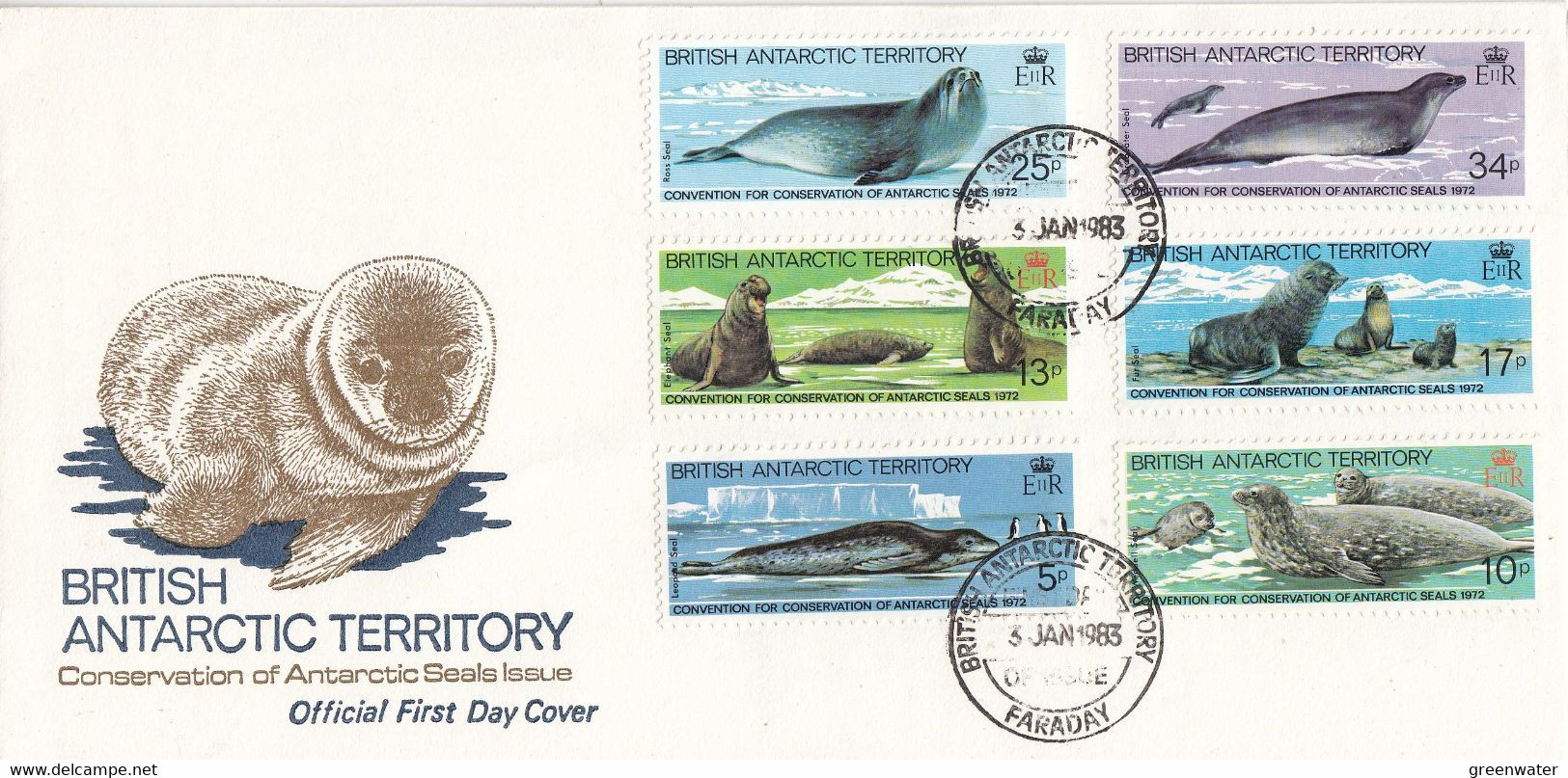 British Antarctic Territorry (BAT) 1983 Antarctic Seal Conservation Convention 6v FDC Ca Faraday (F8599) - FDC