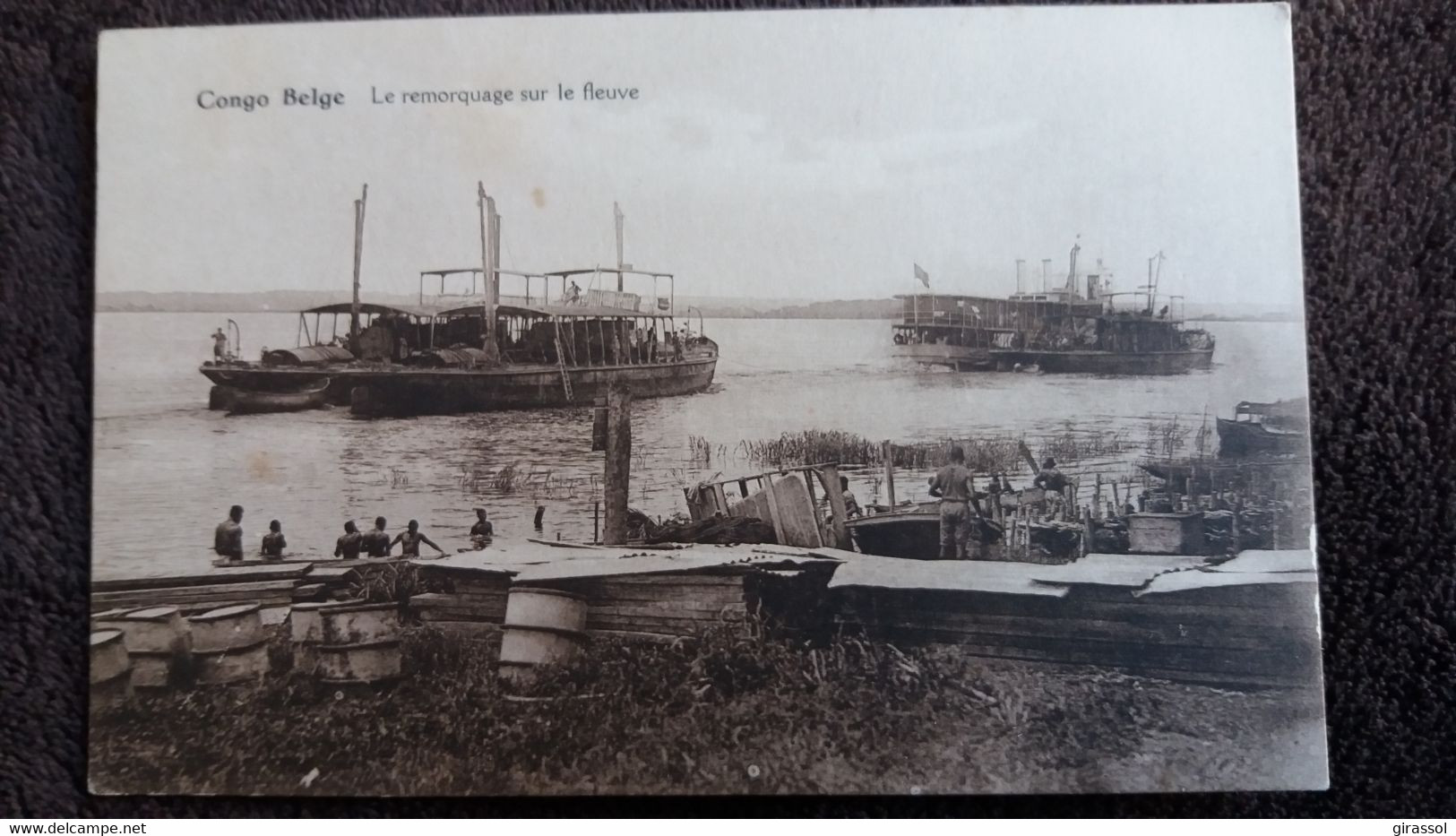 CPA CONGO BELGE LE REMORQUAGE SUR LE FLEUVE BATEAUX ANIMATION ED DE BRUYNE - Remorqueurs