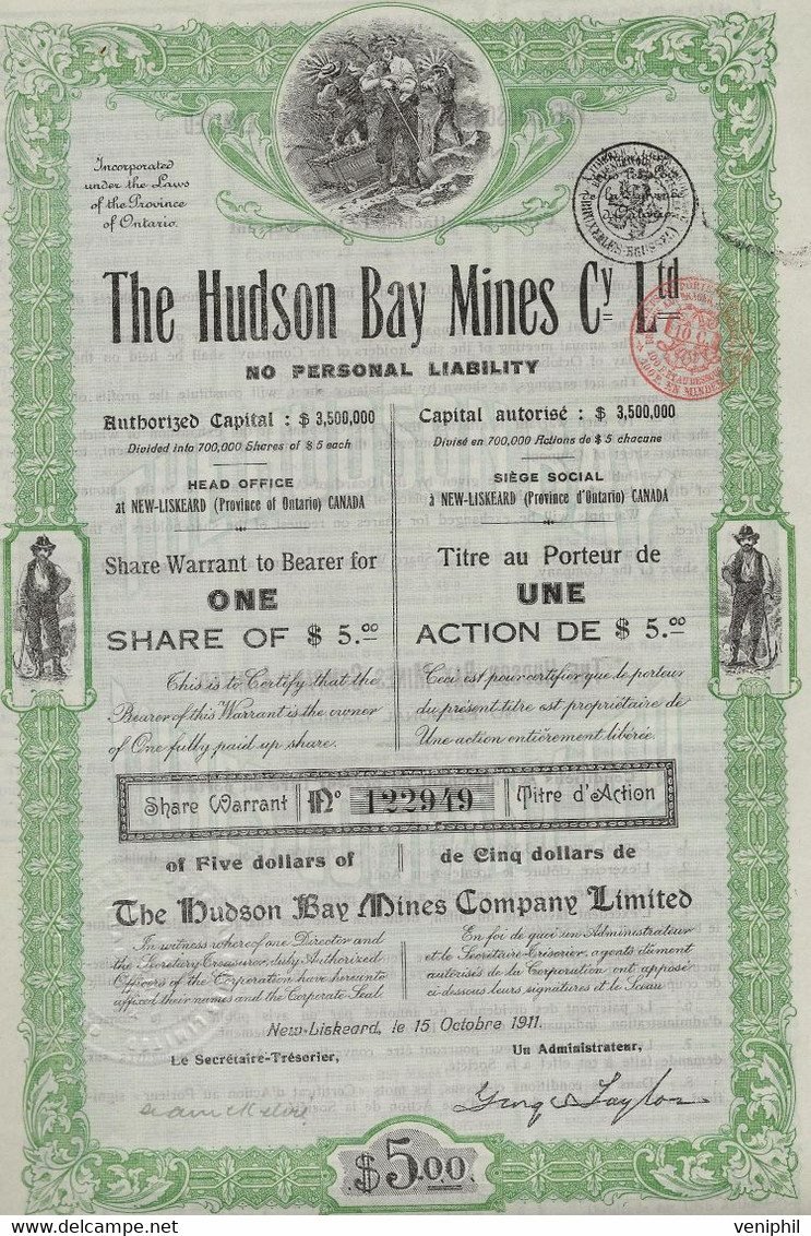 THE HUDSON BAY MINES -PROVINCE D'ONTARIO -CANADA -LOT DE 3 ACTIONS DE 5 DOLLARS -ANNEE 1911 - Miniere