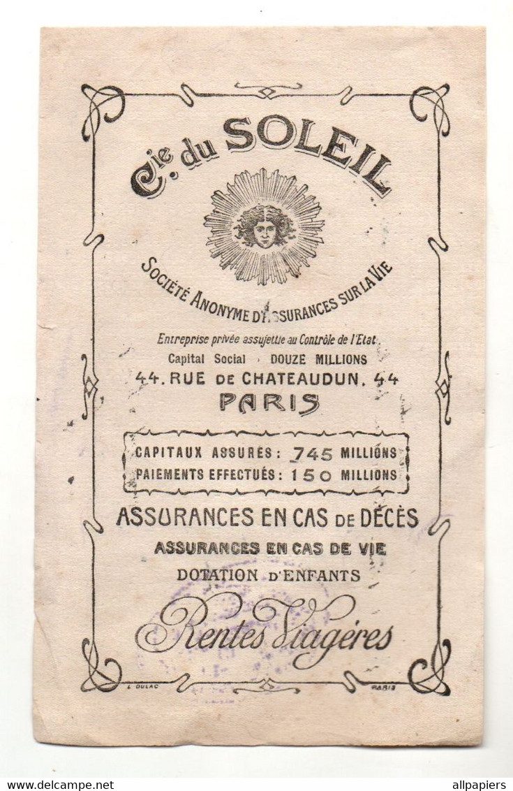 Buvard Compagnie Du Soleil Société Anonyme D'Assurances Sur La Vie à Paris - Format : 22x14 cm - Banque & Assurance