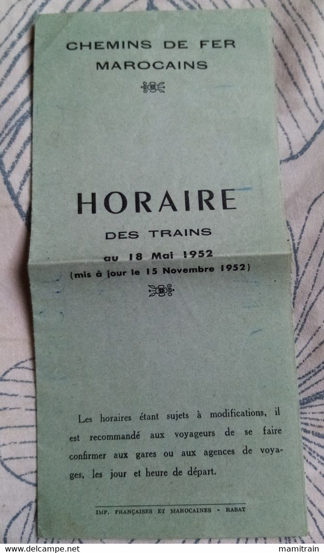 Horaires Train Chemin De Fer Marocain 1952 - Mundo