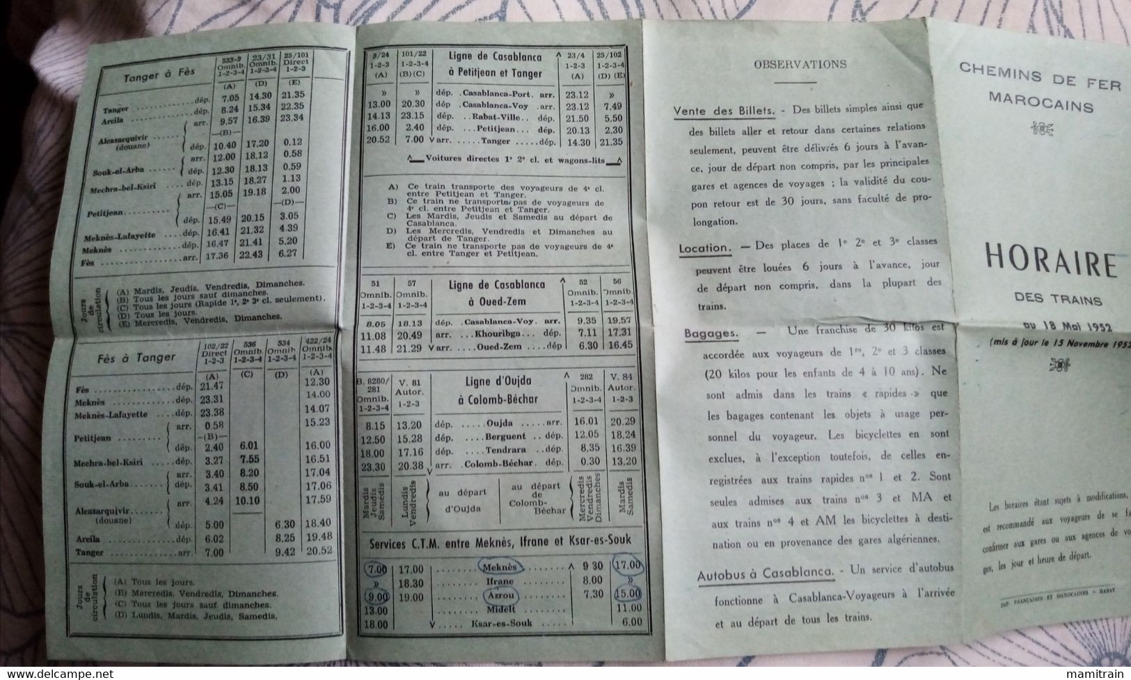 Horaires Train Chemin De Fer Marocain 1952 - Mundo