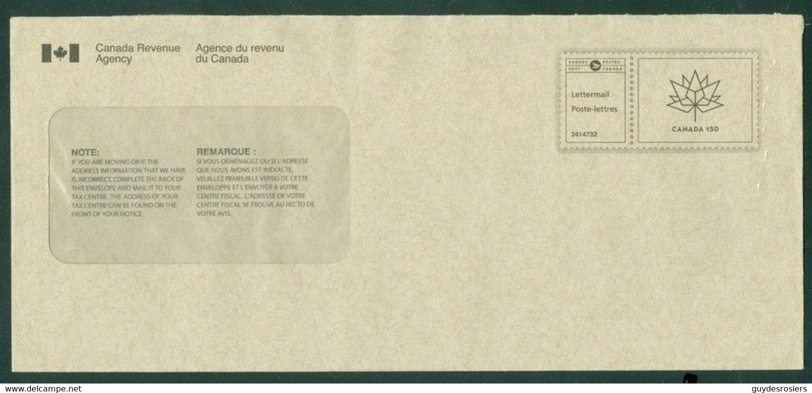 Poste-lettres / Lettermail; Agence Du Revenu Du Canada / Canada Revenue Agency; Used Enveloppe Usagée (4989) - Lettres & Documents