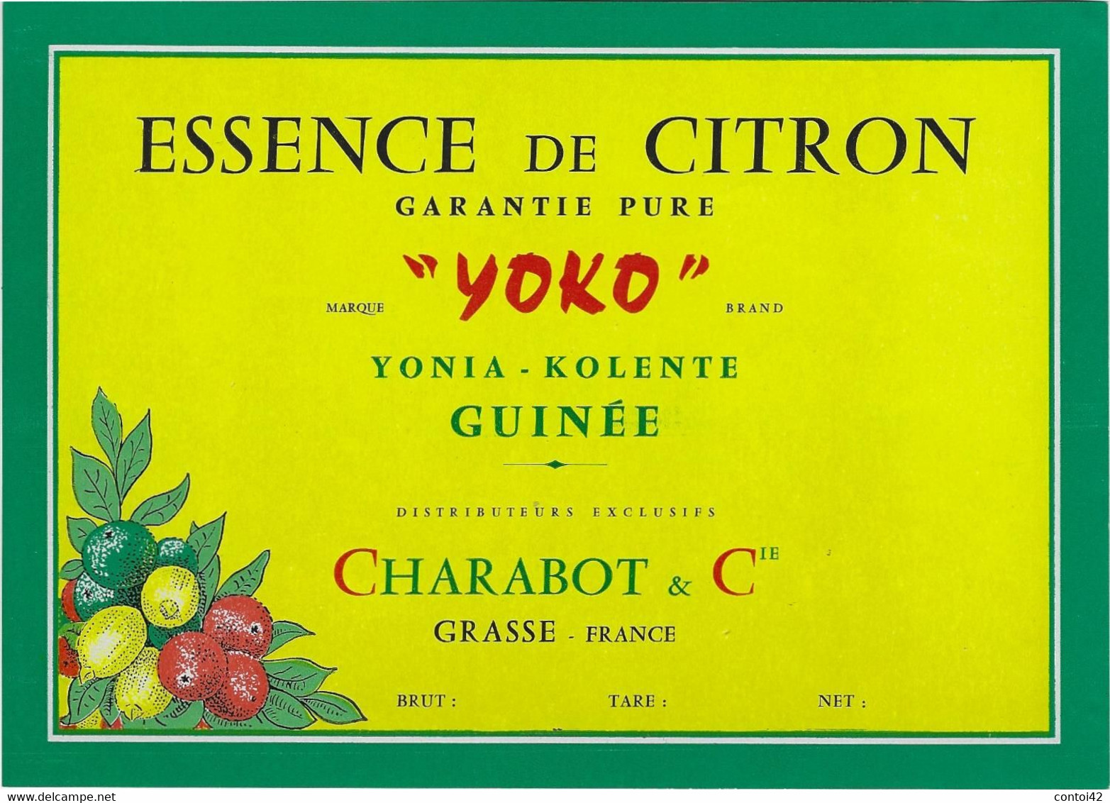 06 GRASSE ETIQUETTE PUBLICITE YOKO CHARABOT ESSENCE DE CITRON YONIA-KOLENTE GUINEE - Etichette