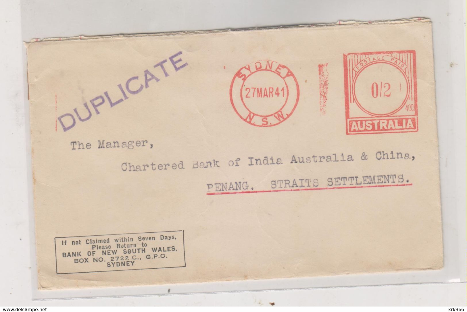AUSTRALIA,1941 SYDNEY Nice Cover To PENANG MALAYA - Cartas & Documentos