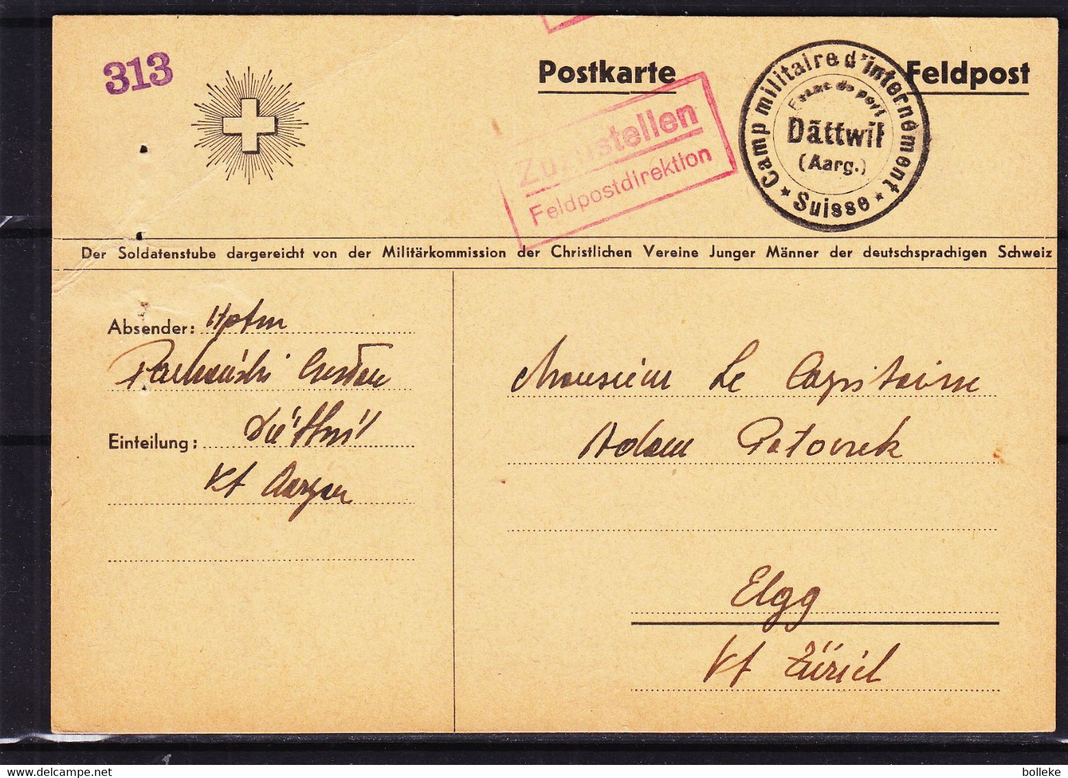 Suisse - Poste Militaire - Carte Postale De 1942 - Oblit Camp Militaire D'Internement - Exp Vers Elgg - Documents