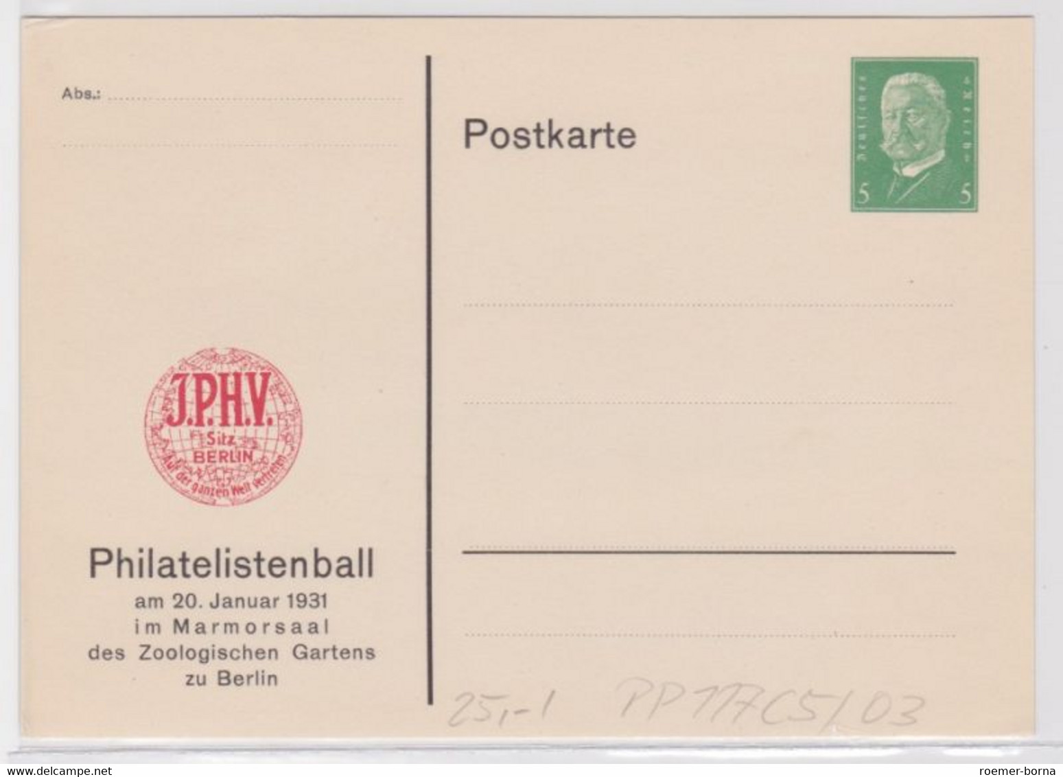 96018 DR Ganzsachen Postkarte PP117/C5/03 Philatelistenball Im Zoo Berlin 1931 - Otros & Sin Clasificación