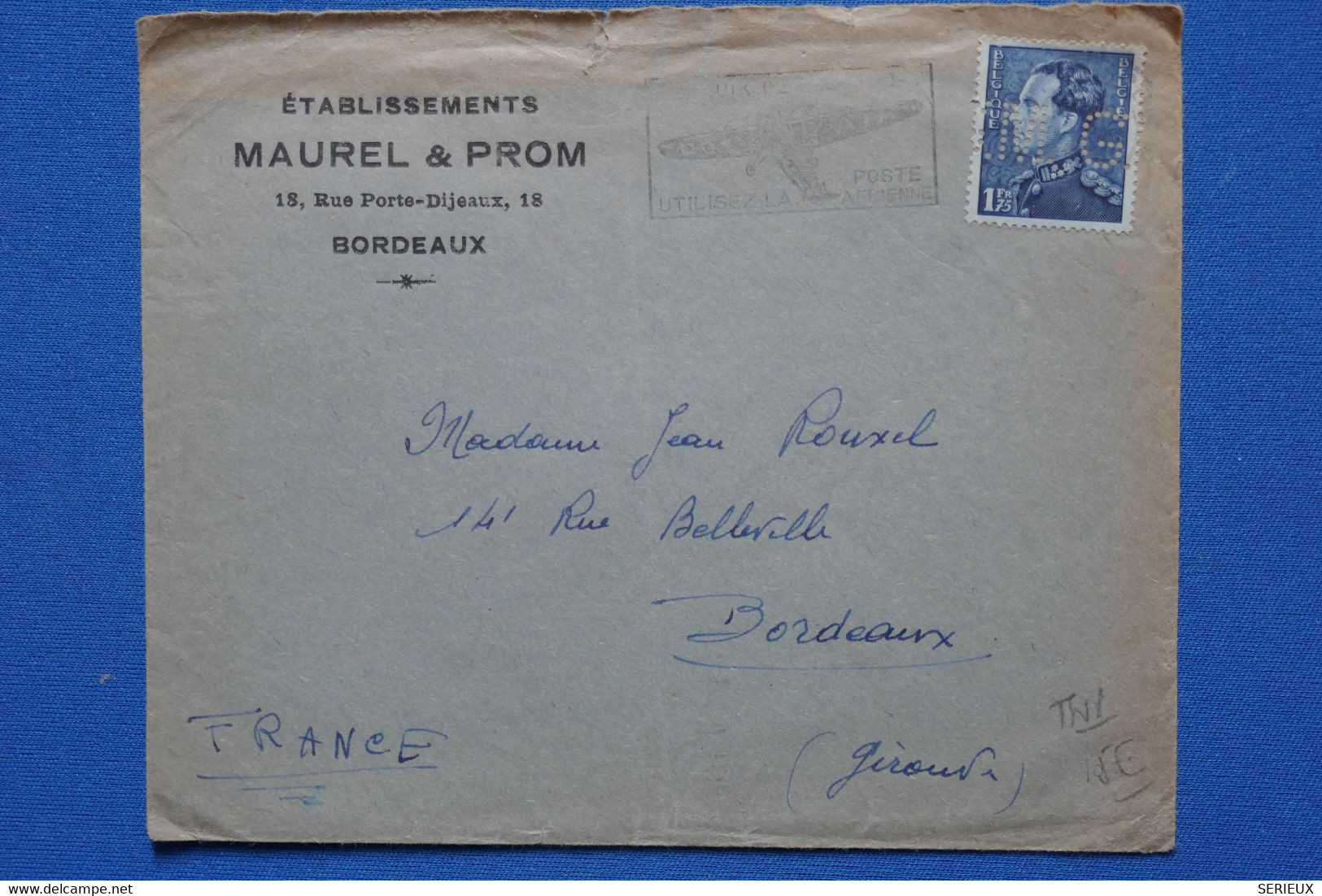 U4 BELGIQUE BELLE LETTRE ASSEZ RARE 1938 PERFORATED  POUR BORDEAUXFRANCE + AFFRANC. INTERESSANT - 1934-51