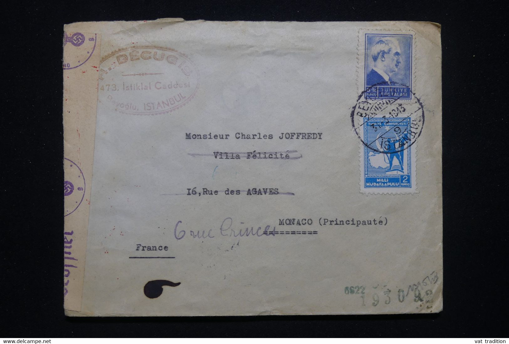TURQUIE - Enveloppe De Istanbul Pour Monaco En 1943 Avec Contrôle Allemand - L 98965 - Covers & Documents