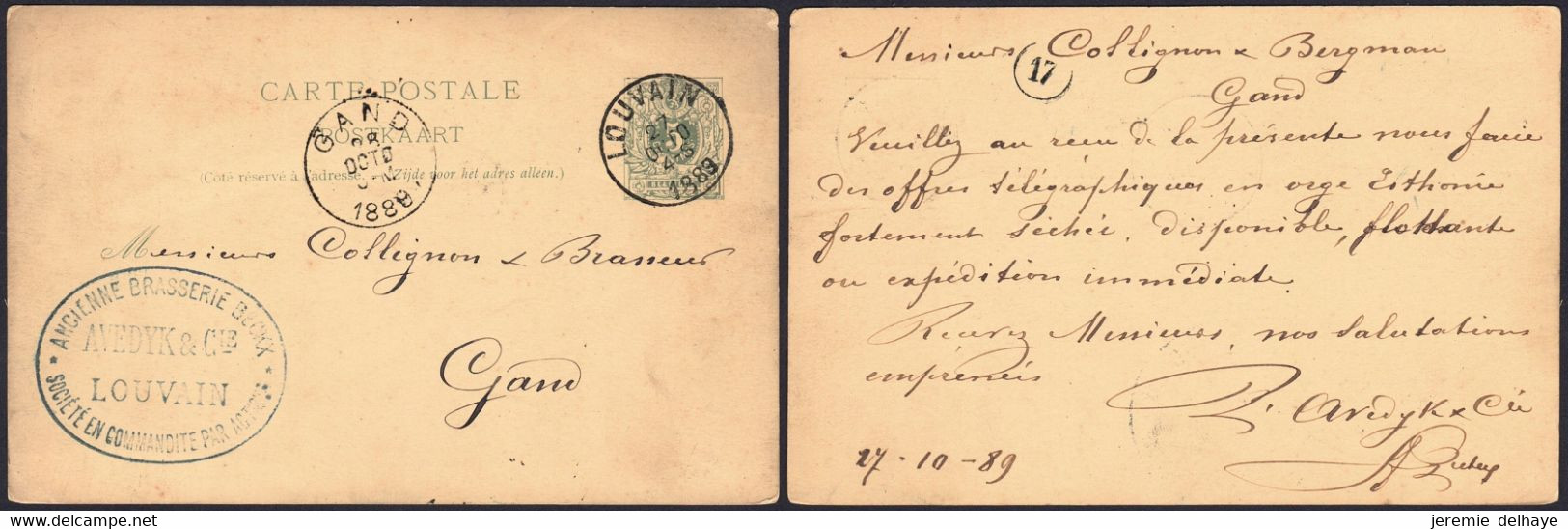 EP Au Type 5ctm Vert Obl Simple Cercle "Louvain" (1883) > Gand + Cachet Privé "Ancienne Brasserie Beckx / Louvain" - Briefkaarten 1871-1909