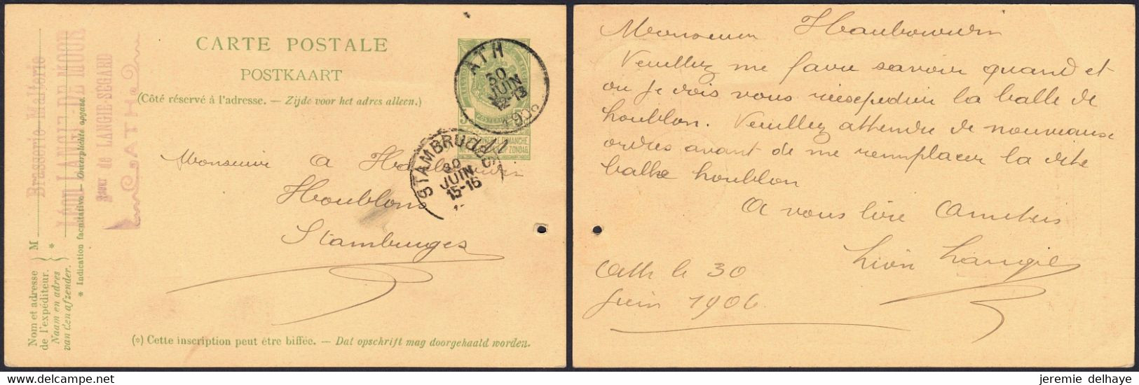 EP Au Type 5ctm Vert Obl Simple Cercle "Ath" (1906) > Stambruges + Cachet Privé "Brasserie, Malterie Langie Demoor" / Dé - Cartoline 1871-1909