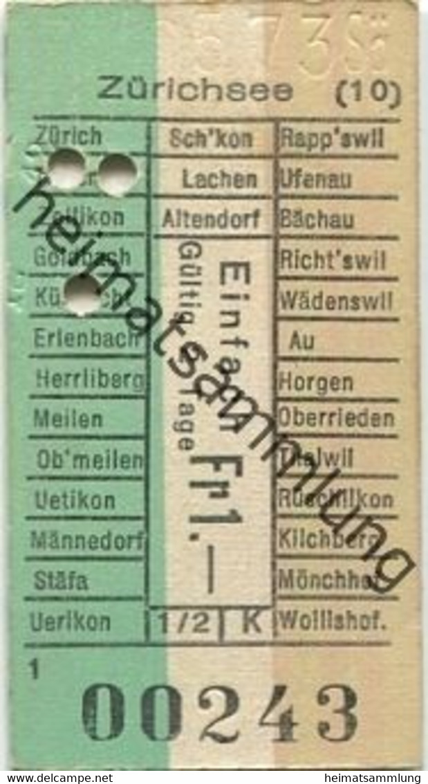 Schweiz - Zürichsee - Zürichhorn Küsnacht - Fahrkarte Einfach 1973 - Europe