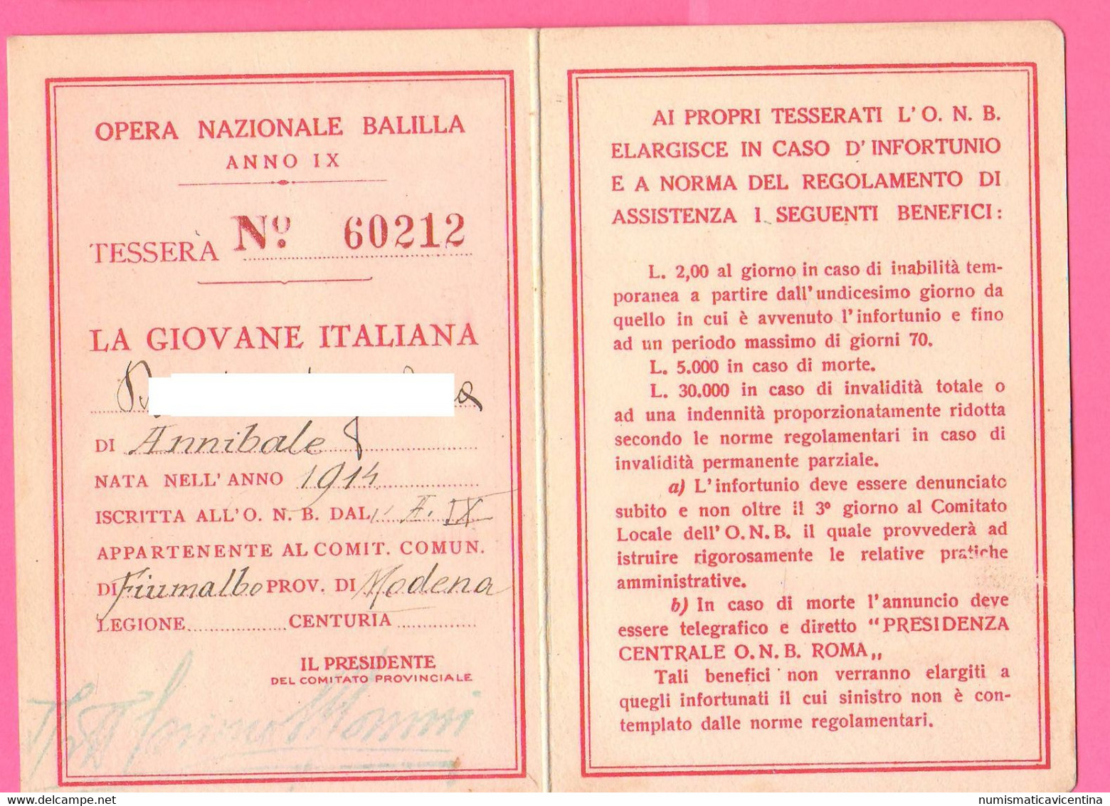 Balilla Tessera Giovane Italiana 1931 Fiumalbo Modena ONB Anno IX° Ventennio - Altri & Non Classificati