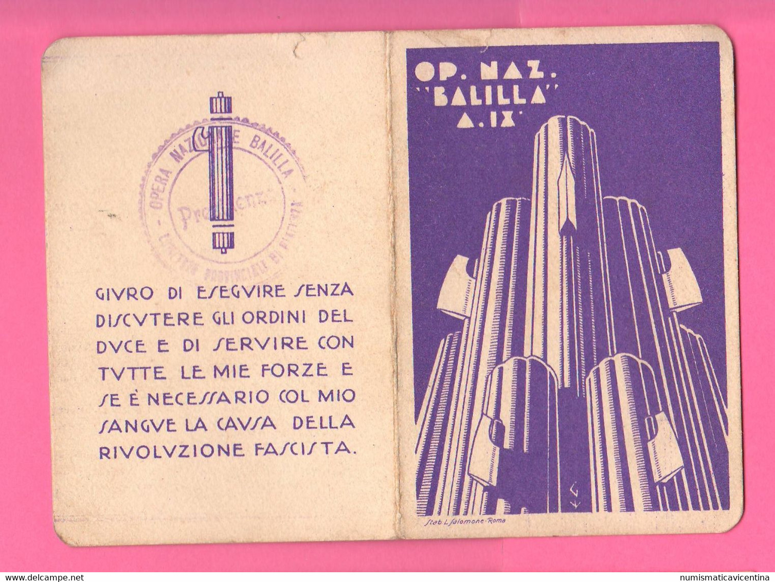 ONB Opera Balilla Tessera Balilla 1931 Piacenza O.N.B Anno IX° Ventennio - Other & Unclassified