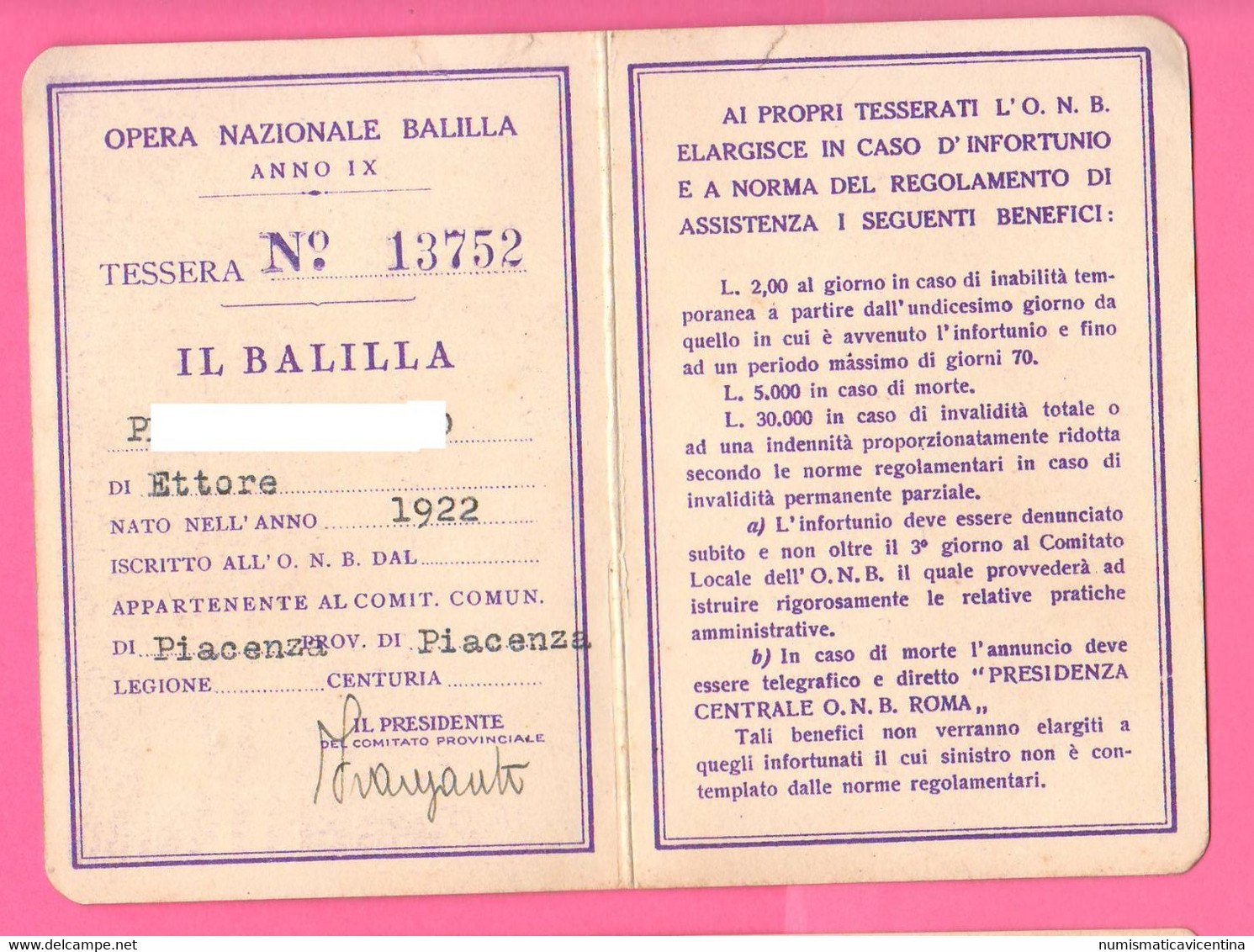 ONB Opera Balilla Tessera Balilla 1931 Piacenza O.N.B Anno IX° Ventennio - Other & Unclassified