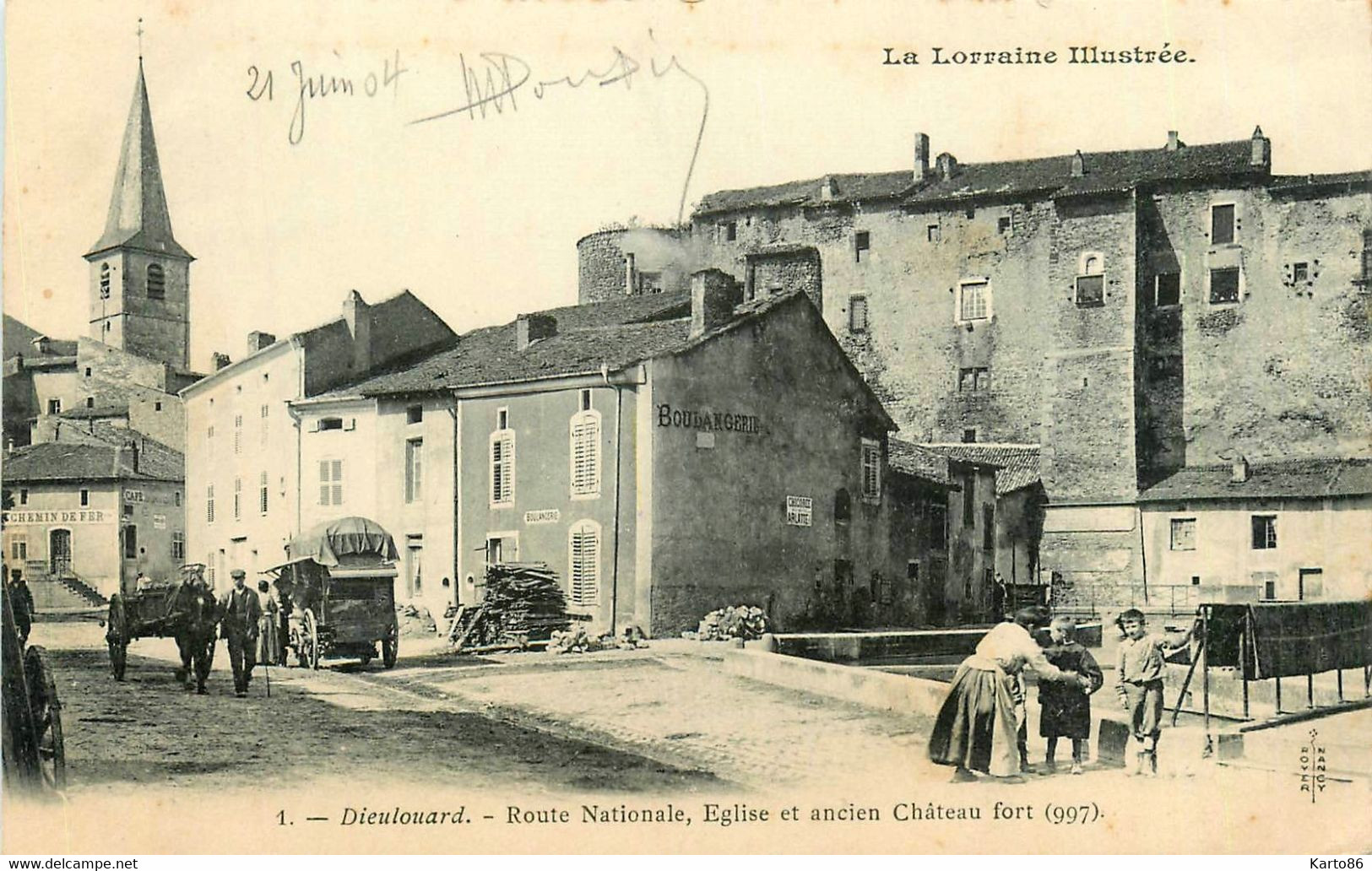 Dieulouard * La Route Nationale , église Et Ancien Château Fort * Boulangerie * Café Du Chemin De Fer - Dieulouard