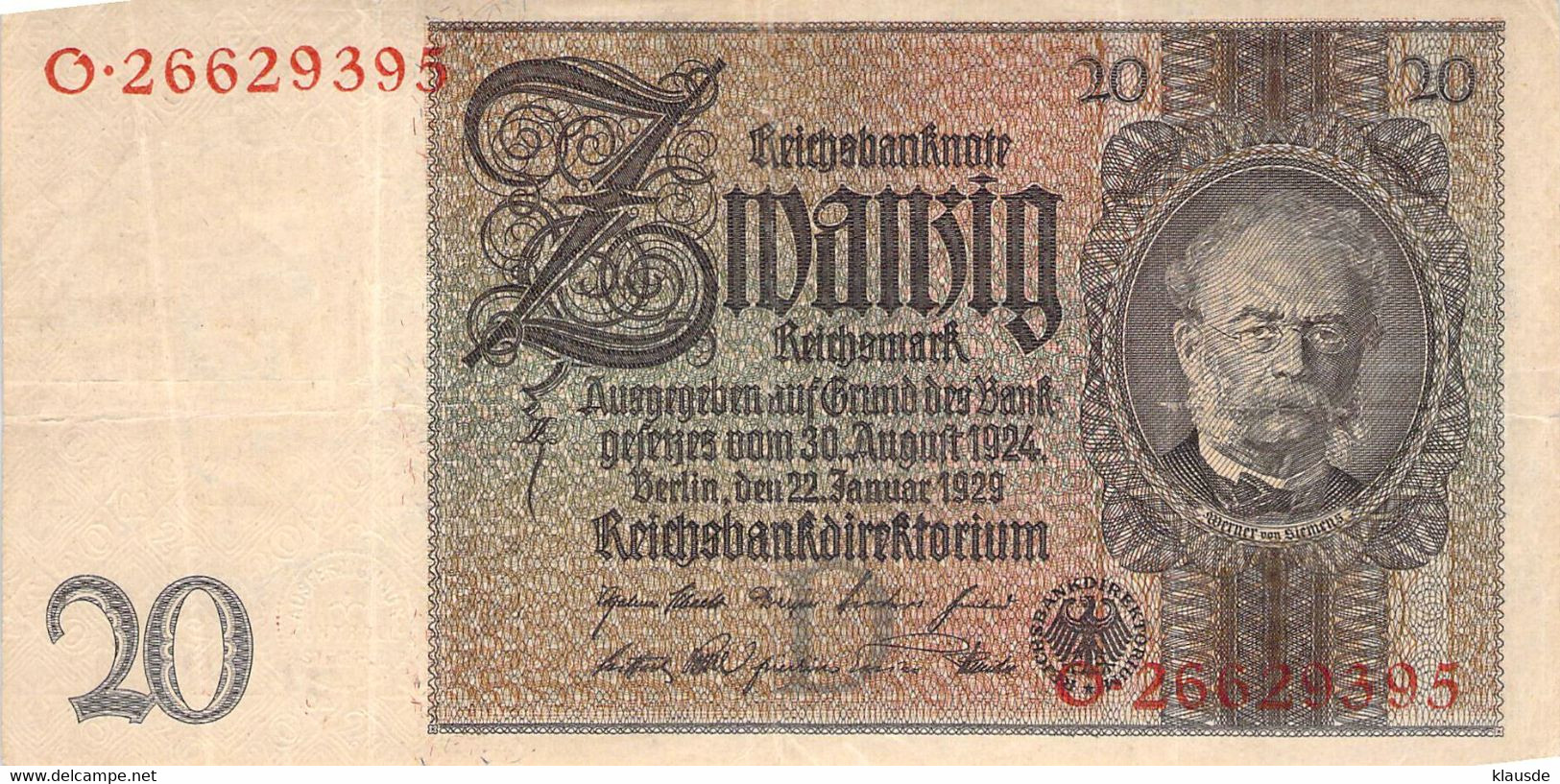 20 Reichsmark Reichsbanknote Berlin, 22.Januar 1929 Ro.174a - 20 Reichsmark