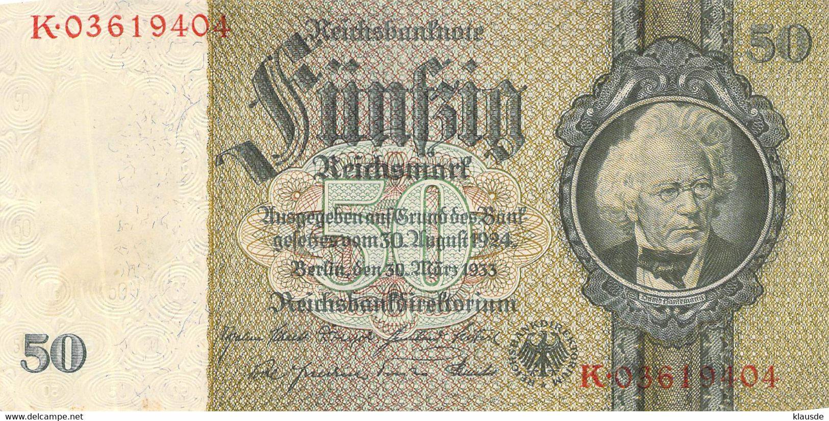 50 Reichsmark Reichsbanknote Berlin, 30.März 1933 Ro.175d Kriegsdruck - 20 Reichsmark