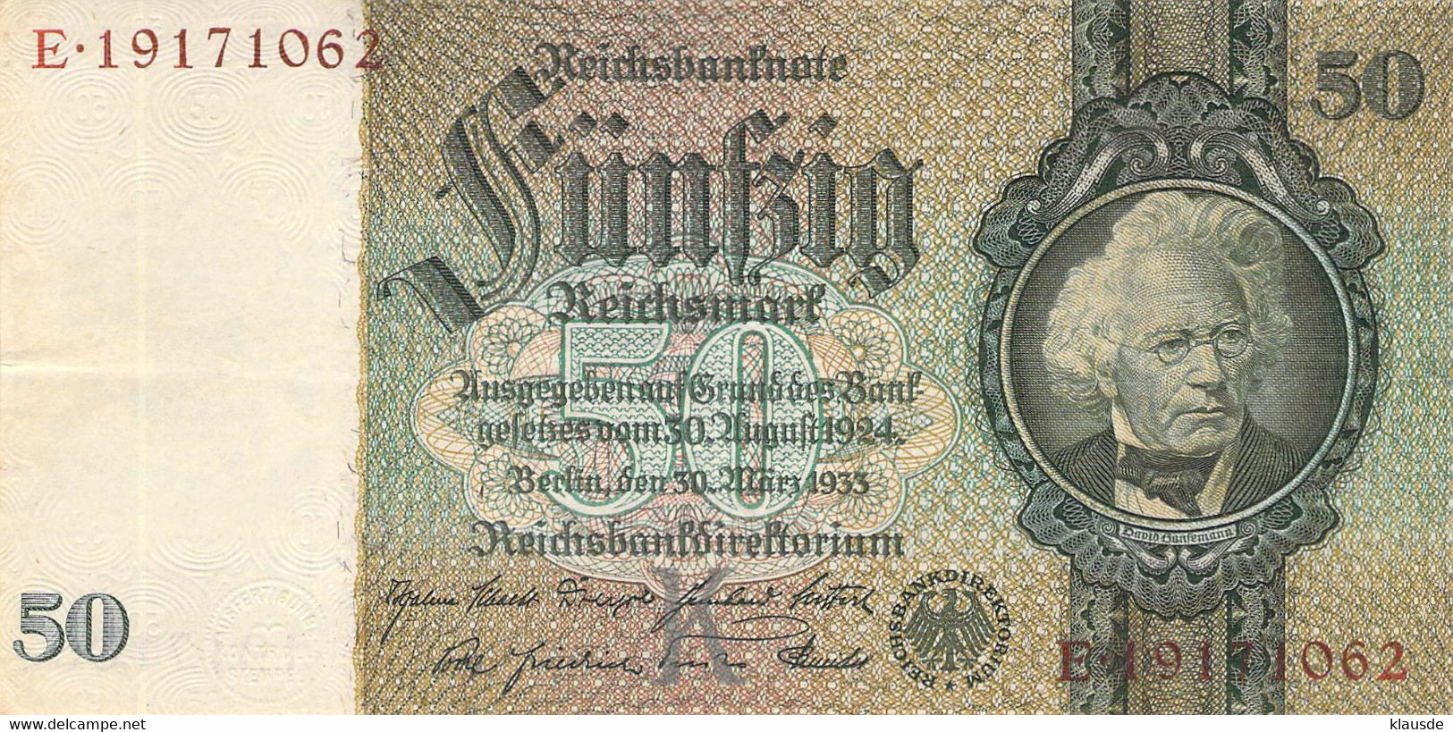 50 Reichsmark Reichsbanknote Berlin, 30.März 1933 Ro.175a - 20 Reichsmark